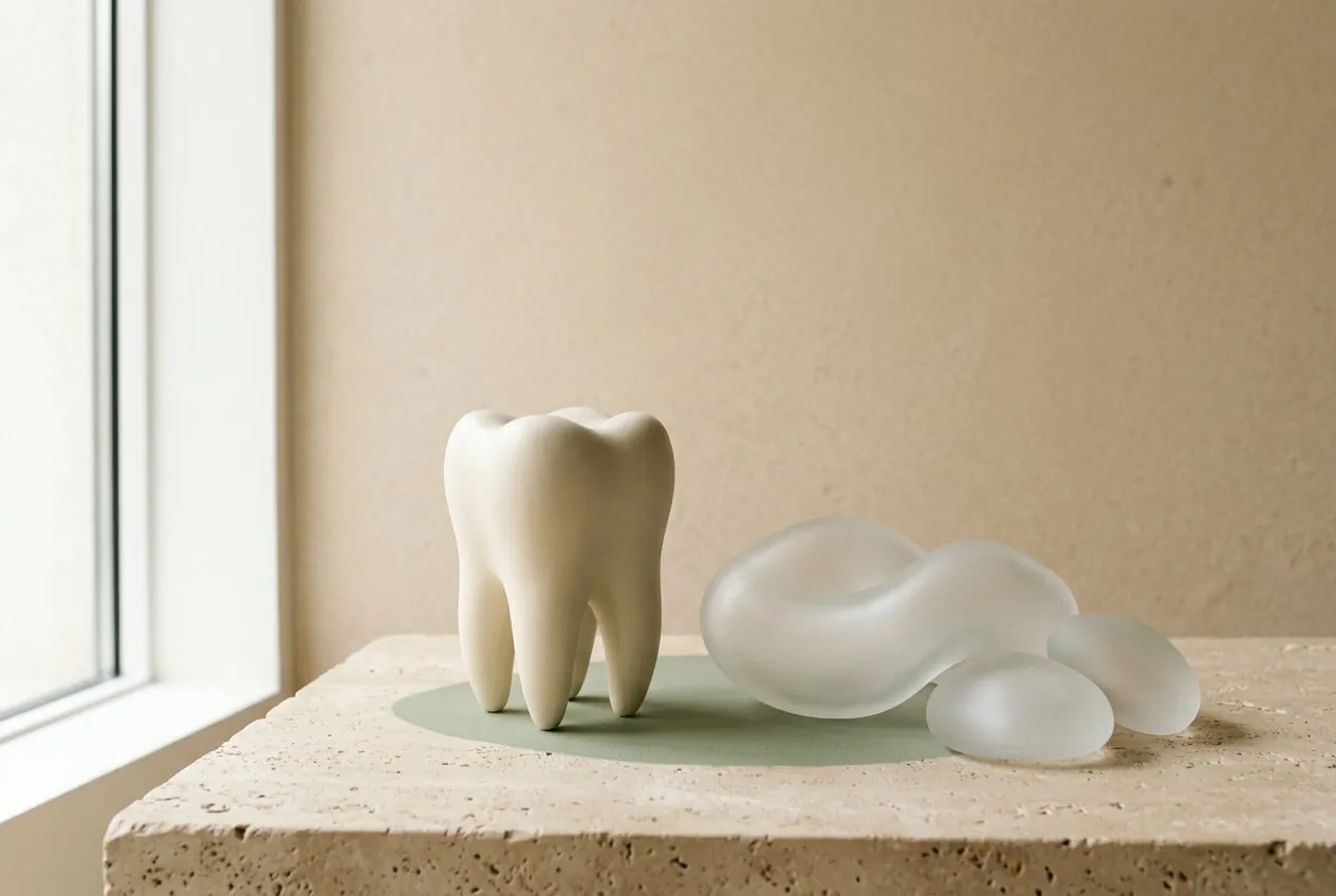 Abstracte keramische tandsculptuur en glazen vormen