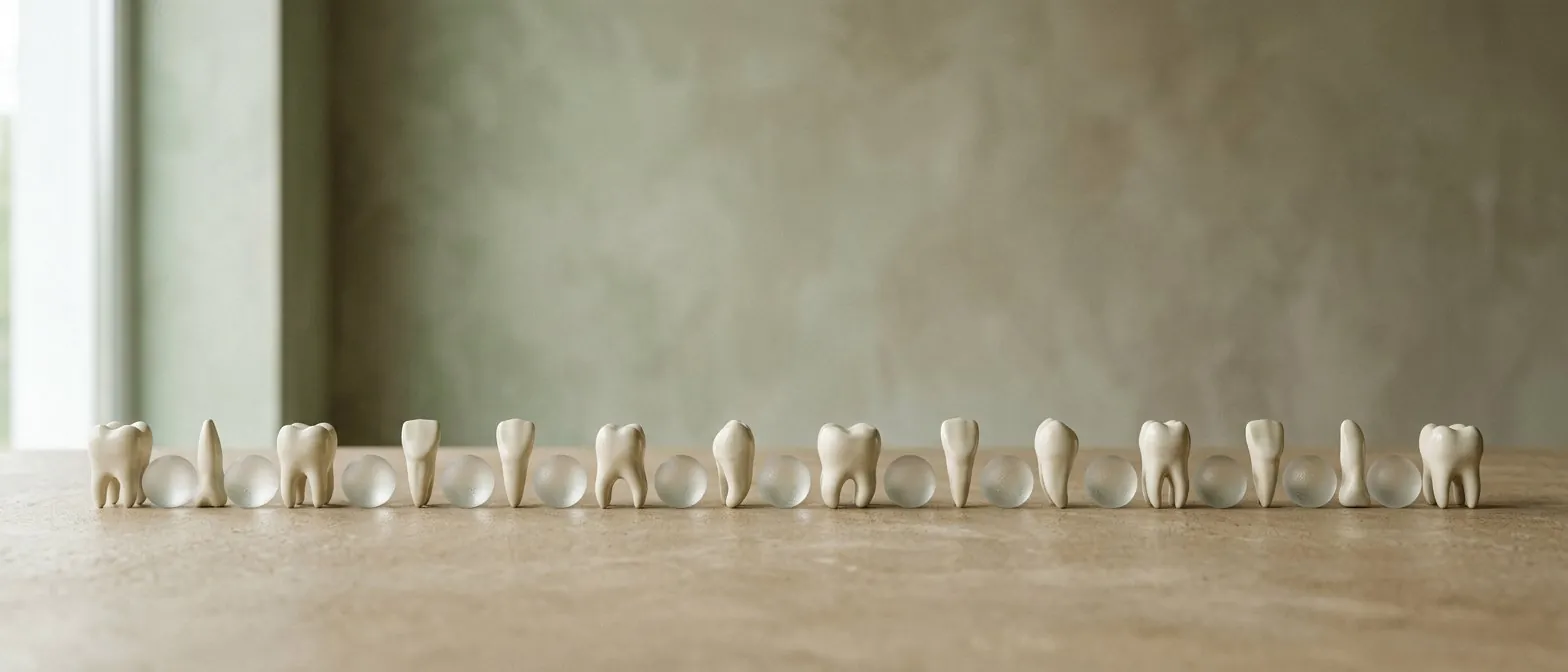 Rustige rij keramische tandsculpturen op een warme beige ondergrond