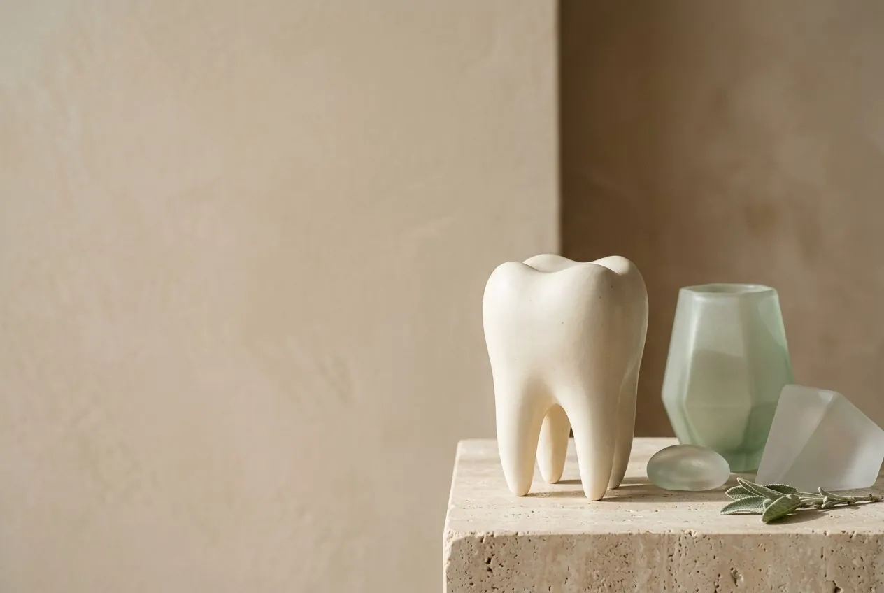 Abstracte keramische tandsculptuur en glazen vormen op een warme beige achtergrond
