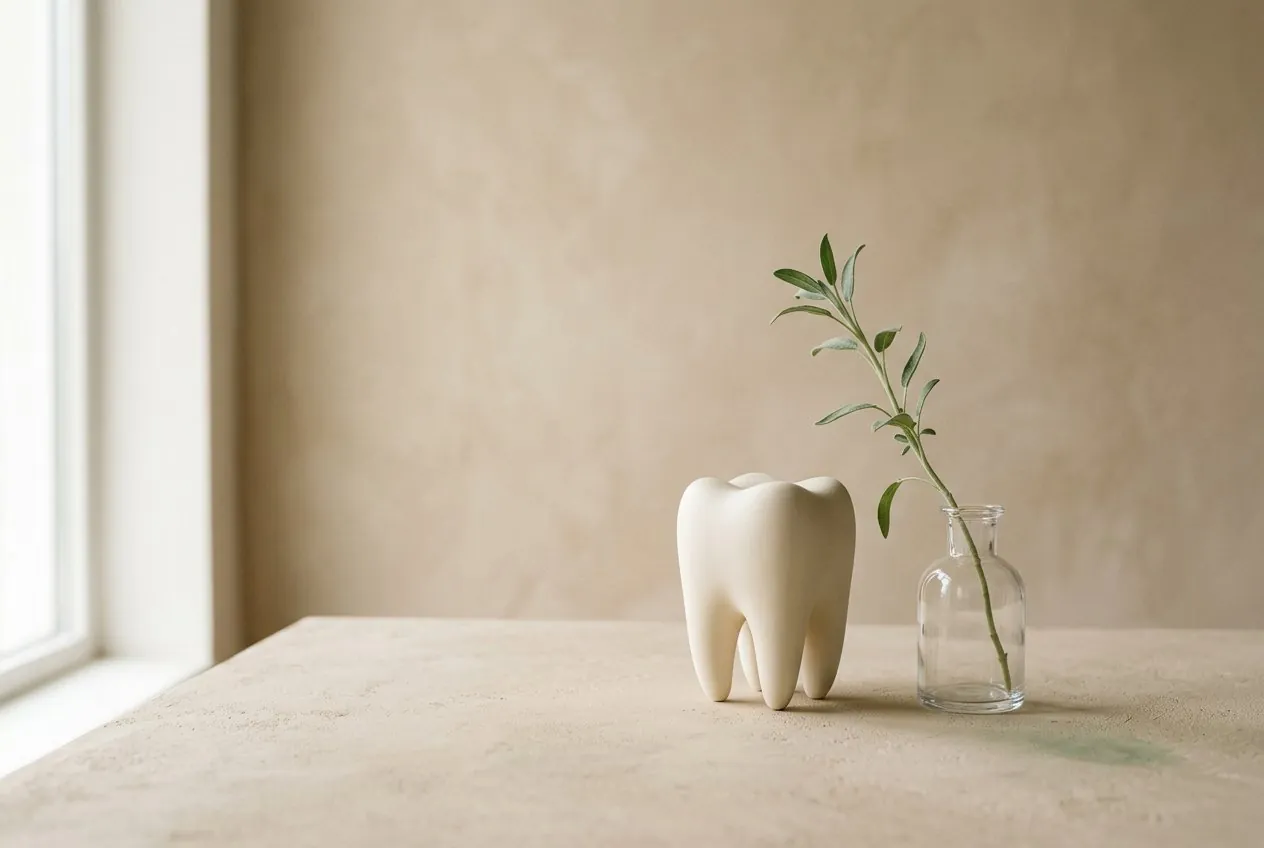 Minimalistische keramische tandsculptuur met een takje salie in glas